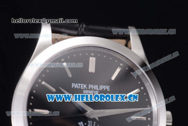 Patek Philippe Complications Miyota 9015 Automatic Steel Case with Black Dial Stick Markers and Black Leather Strap - Click Image to Close